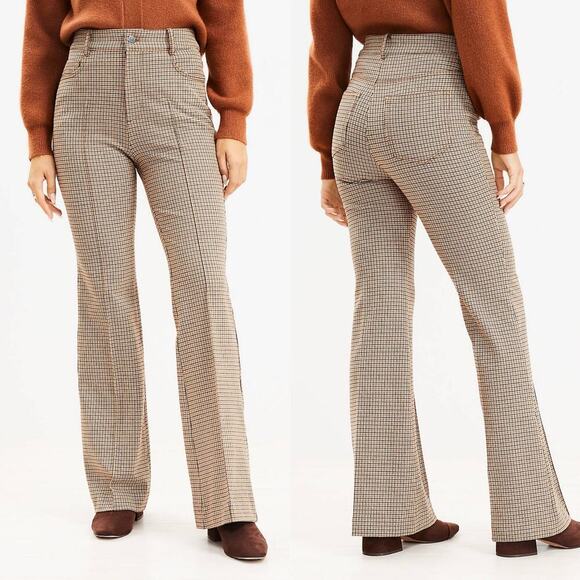 LOFT NWT Petite Curvy Five Pocket Flare Pants Plaid Bi-Stretch Brown/Tan Size 4p - Picture 1 of 8